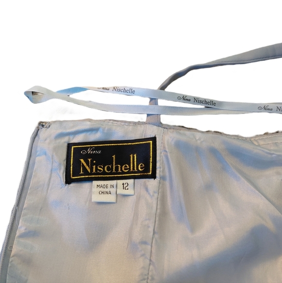 Nina Nischelle Silver Tiered Satin Evening Dress Sleeveless Rhinestone Dress 12 - Picture 9 of 10